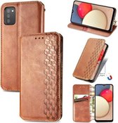 Voor Samsung Galaxy A02s (US Edition) Cubic Grid Pressed Horizontal Flip Magnetic PU Leather Case met houder & kaartsleuven & portemonnee (bruin)