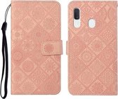 Voor Samsung Galaxy A20 / A30 etnische stijl reliëf patroon horizontale flip lederen tas met houder & kaartsleuven & portemonnee & lanyard (roze)