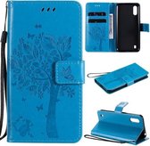 Voor Samsung Galaxy M01 Tree & Cat Pattern Pressed Printing Horizontale Flip PU lederen tas met houder & kaartsleuven & portemonnee & lanyard (blauw)
