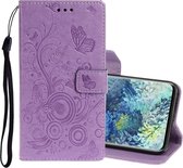 Voor Samsung Galaxy A31 Pressed Printing Butterfly Pattern Horizontal Flip Leather Case met houder en kaartsleuven (paars)