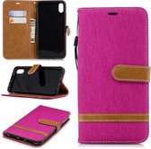 Kleurafstemming Denim Texture Leather Case voor LG Q8, met houder & kaartsleuven & portemonnee & lanyard (roze rood)
