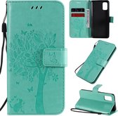 Voor Samsung Galaxy A41 Tree & Cat reliÃ«fpatroon Horizontale flip lederen tas met houder & kaartsleuven & portemonnee & draagkoord (groen)