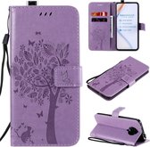 Voor Xiaomi Redmi K30 Pro Tree & Cat reliÃ«fpatroon Horizontale flip lederen tas met houder & kaartsleuven & portemonnee en lanyard (lichtpaars)