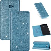 Voor Samsung Galaxy J4 + ultradunne glitter magnetische horizontale flip lederen tas met houder en kaartsleuven (hemelsblauw)