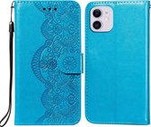 Flower Vine Embossing Pattern Horizontale Flip Leather Case met Card Slot & Holder & Wallet & Lanyard For iPhone 12 mini (Blue)