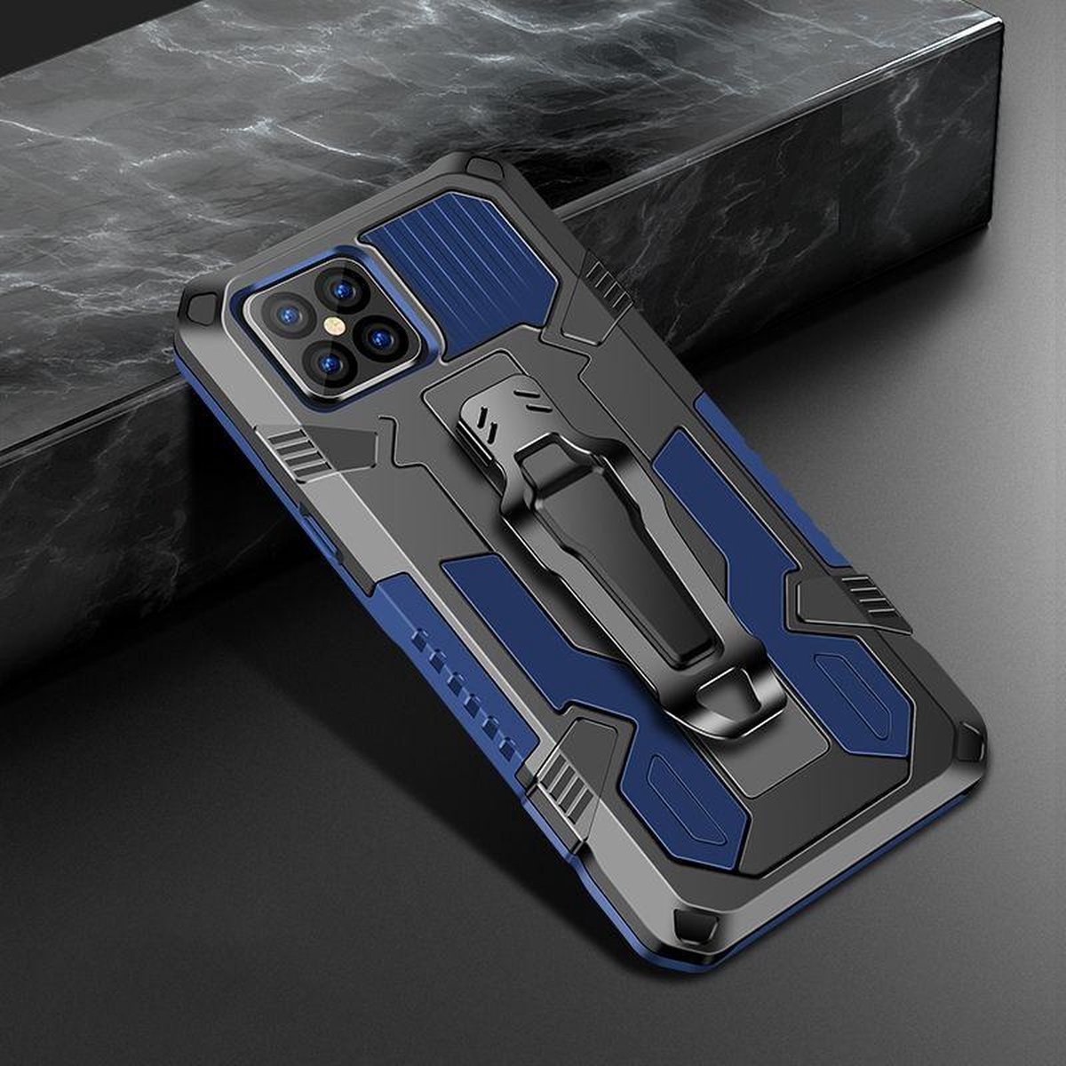 Mobigear Hoesje geschikt voor Apple iPhone 12 Pro Max Telefoonhoesje Hardcase | Mobigear Armor Stand Backcover Shockproof met Standaard | Schokbestendig iPhone 12 Pro Max Telefoonhoesje | Anti Shock Proof - Zwart / Blauw