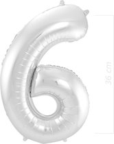 Ballon Cijfer 6 Jaar Zilver 36Cm Verjaardag Feestversiering Met Rietje