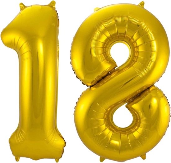 Ballon Cijfer 18 Jaar Goud 36Cm Verjaardag Feestversiering Met Rietje