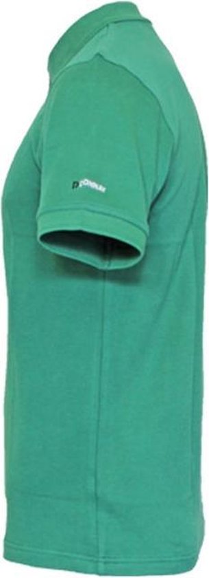 Zijaanzicht van een bosgroen Donnay poloshirt met korte mouwen. Donnay logo op de mouw.