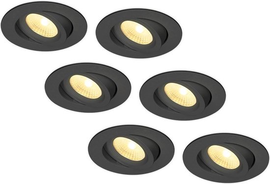 6x HOFTRONIC Salerno - Kantelbare inbouwspot - LED - Rond zaagmaat 79mm - Zwart - Dimbaar - Kantel- en draaibaar - 8 Watt - 650 lumen - 230V - 2700K Extra warm wit - Plafondspots - Inbouwspot voor badkamer en buiten - 5 jaar garantie