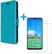 Bookcase Geschikt voor: Huawei Y5p - turquoise - portemonnee hoesje met 2 stuks Glas Screen protectorn