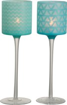 J-Line Theelichthouder Op Voet Chevron Glas Large Azuur Assortiment Van 2