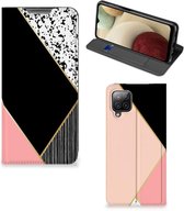 Bookcase Hoesje Geschikt voor Samsung Galaxy A12 Smart Cover Black Pink Shapes
