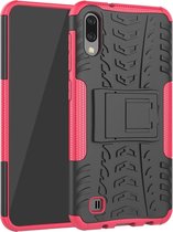 Schokbestendige pc + TPU-bandenpatroonbehuizing voor Galaxy M10, met houder (roze)