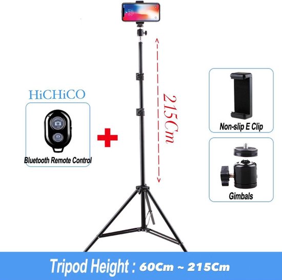 Camerastatief - Tripod - Smartphone Statief 215Cm Voor Fotocamera en Smartphone - iPhone - Canon – Nikon - Spiegelreflexcamera Inclusief Bluetooth Remote Shutter, Telefoonhouder, 360 ° Draaigreep horizontaal van HiCHiCO