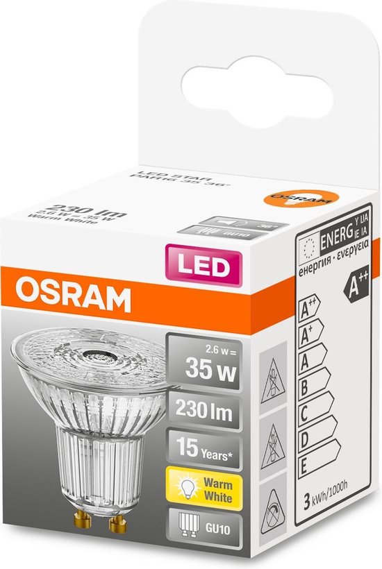 OSRAM LED (monochrome) EEC A++ (A++ - E) GU10 Reflector 2.6 W = 35 W Warm white (Ø x L) 51 mm x 55 mm 1 pc(s)