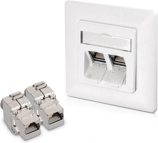 Kwmobile UTP Wandcontactdoos – 2 Keystone Adapters Voor CAT6A, Dubbele RJ45 Poort, Afgeschermd Metaal – Voor Stabiel Internet