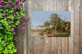 Tuinschilderij Het spiegelende koetje - Schilderij van Paulus Potter - 80x60 cm - Tuinposter - Tuindoek - Buitenposter