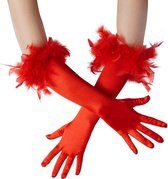 dressforfun - Lange satijnen handschoenen met veren rood - verkleedkleding kostuum halloween verkleden feestkleding carnavalskleding carnaval feestkledij partykleding - 304592