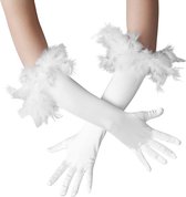 dressforfun - Lange satijnen handschoenen met veren wit - verkleedkleding kostuum halloween verkleden feestkleding carnavalskleding carnaval feestkledij partykleding - 304588