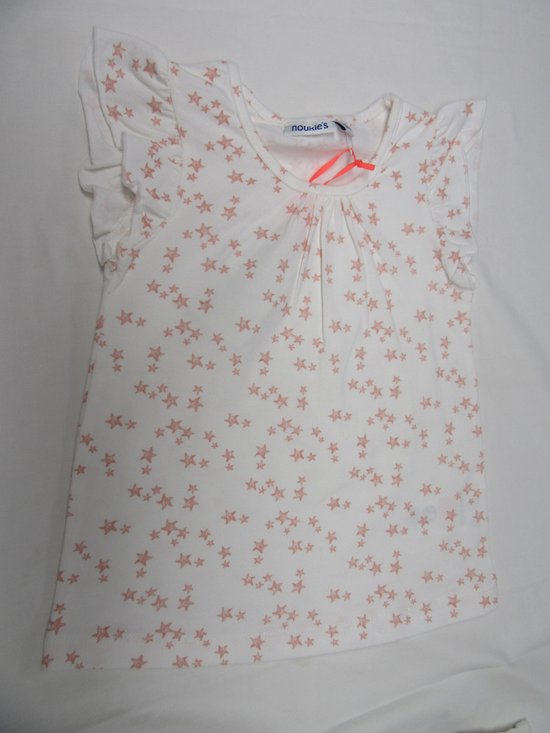 noukie's , meisje , t-shirt met kapmouw , wit met rose sterren ,  4 jaar 104