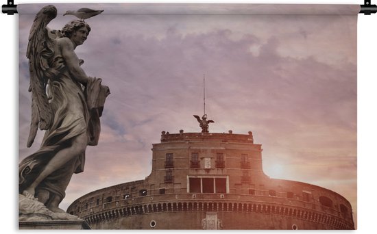 Wandkleed Engelenburcht - De ondergaande zon achter de Engelenburcht in Rome Wandkleed katoen 150x100 cm - Wandtapijt met foto