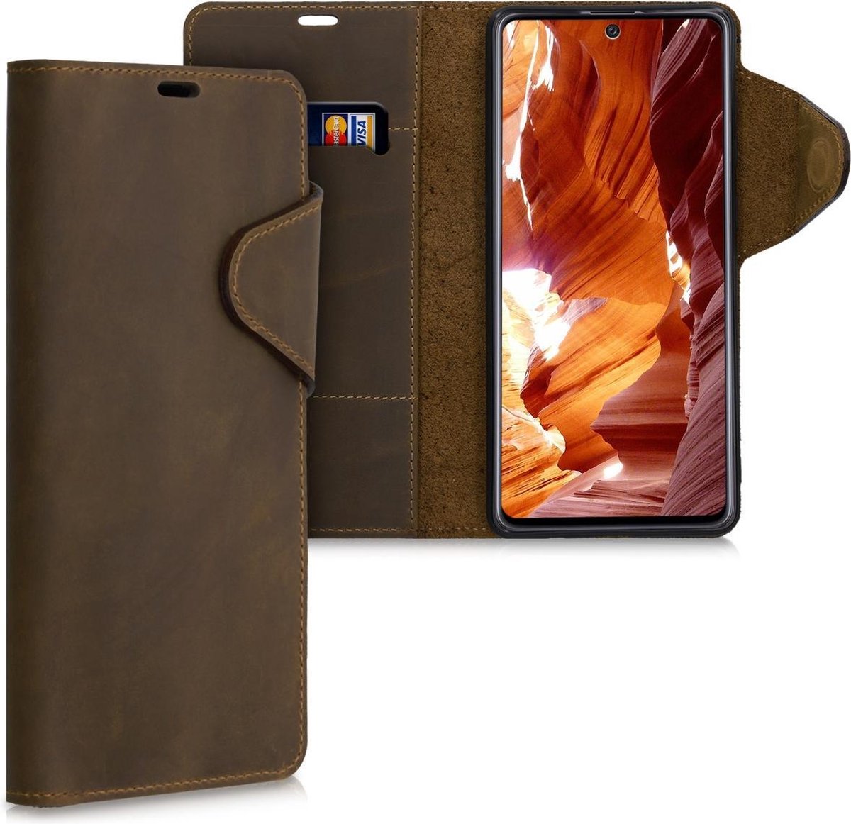 kalibri telefoonhoesje geschikt voor Samsung Galaxy A71 - Hoesje met pasjeshouder en standaard - bruin - Wallet case