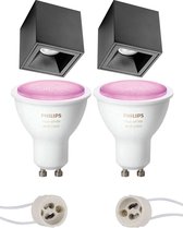 Pragmi Cliron Pro - Opbouw Vierkant - Mat Zwart - Verdiept - 90mm - Philips Hue - Opbouwspot Set GU10 - White and Color Ambiance - Bluetooth - BES LED
