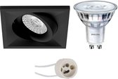 LED Spot Set - Pragmi Qiundo Pro - GU10 Fitting - Inbouw Vierkant - Mat Zwart - Kantelbaar - 80mm - Philips - SceneSwitch 827 36D - 1.5W-5W - Warm Wit 2200K-2700K - Dimbaar - BES LED