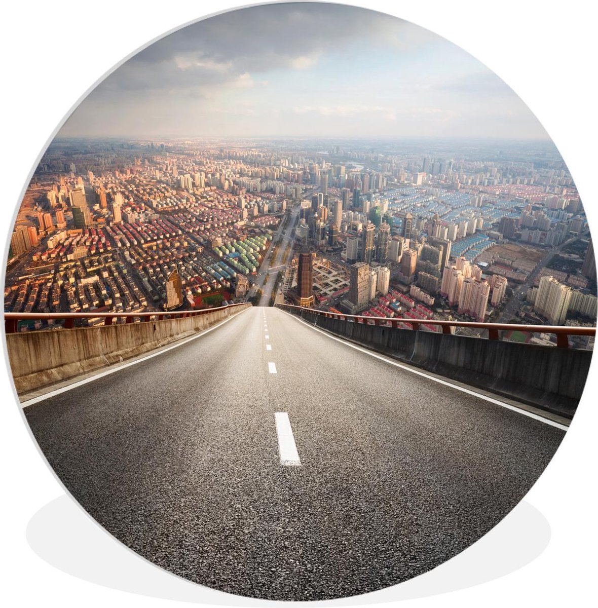 Een brug in China met uitzicht op de stad - ⌀ 90 cm - rond schilderij - fotoprint op kunststof (forex) muurcirkel / wooncirkel / (wanddecoratie)