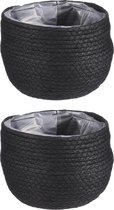 2x stuks naturel zwart rotan planten/bloemen pot mand van gedraaid jute/riet/zeegras H15 en D18 cm - Met plastic binnenkant