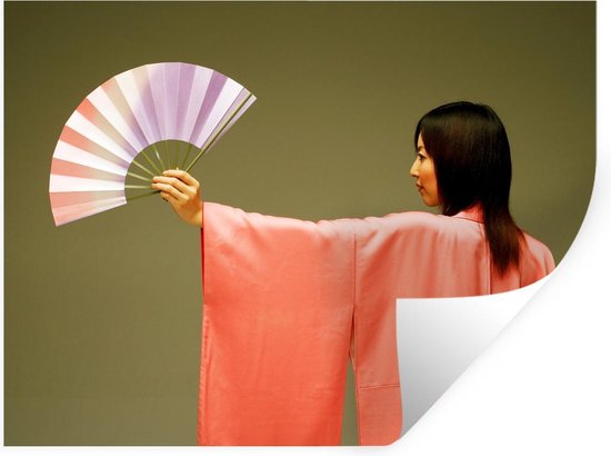Sticker Muursticker éventails japonais - Femme à l'éventail - 120x90 cm -  film adhésif... | bol.com