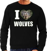 I love wolves trui met dieren foto van een wolf zwart voor dames - cadeau sweater wolven liefhebber XL