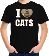 I love cats t-shirt met dieren foto van een bruine kat zwart voor kinderen - cadeau shirt katten liefhebber L (146-152)