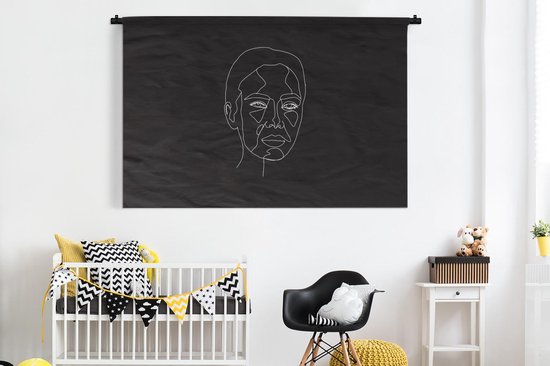Wandkleed Line-art Vrouwengezicht - 16 - Line-art voorkant vrouwengezicht op een zwarte achtergrond Wandkleed katoen 180x120 cm - Wandtapijt met foto XXL / Groot formaat!