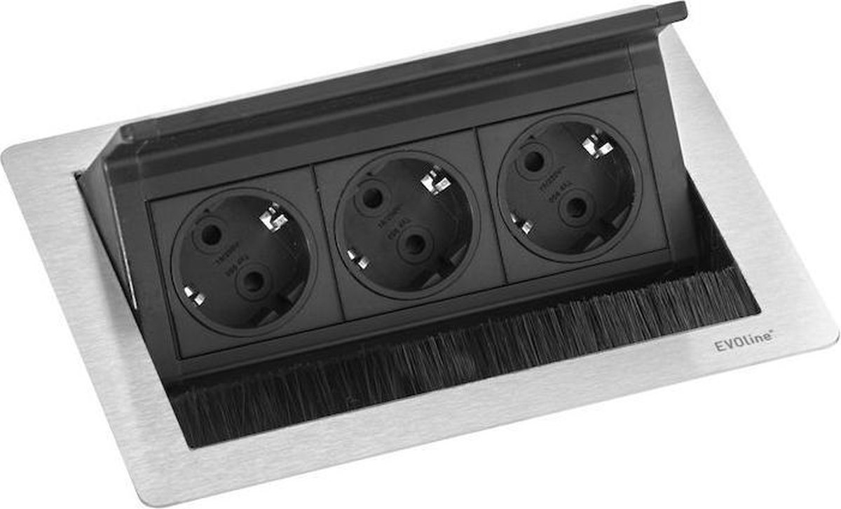 Schulte Stopcontact Evoline Fliptop Push met 3 contactdozen. Belgische aarding kleur Rvs