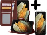 Samsung S21 Ultra Hoesje Book Case Met Screenprotector - Samsung Galaxy S21 Ultra Case Hoesje Wallet Cover Met Screenprotector - Bruin