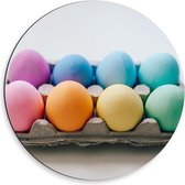 Dibond Wandcirkel - Gekleurde Eieren in Eierdoos - 50x50cm Foto op Aluminium Wandcirkel (met ophangsysteem)
