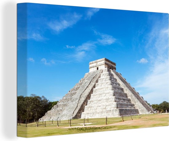 Canvas schilderij 140x90 cm - Wanddecoratie Tempel van Kukulkan bij Chichén Itzá in Mexico - Muurdecoratie woonkamer - Slaapkamer decoratie - Kamer accessoires - Schilderijen