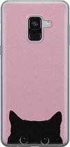 Samsung Galaxy A8 2018 siliconen hoesje - Zwarte kat - Soft Case Telefoonhoesje - Roze - Print