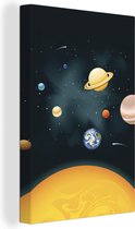 Canvas Schilderij Een illustratie van het zonnestelsel met onze planeet - 20x30 cm - Wanddecoratie