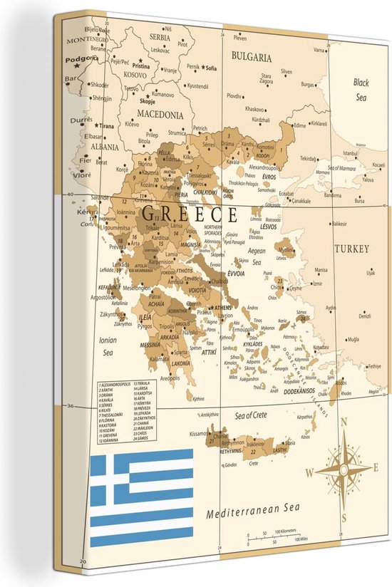 Canvas Schilderij Bruine kaart van Griekenland - 60x80 cm - Wanddecoratie