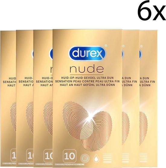 Zes doosjes Durex Nude condooms met vingerafdrukdesign.