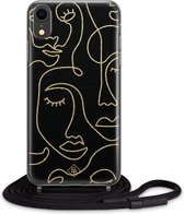 iPhone XR hoesje met koord - Abstract faces | Apple iPhone XR crossbody case | Zwart, Transparant | Geometrisch patroon