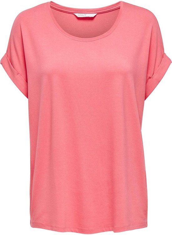 Coralroze t-shirt met omgerolde korte mouwen en een ronde hals.