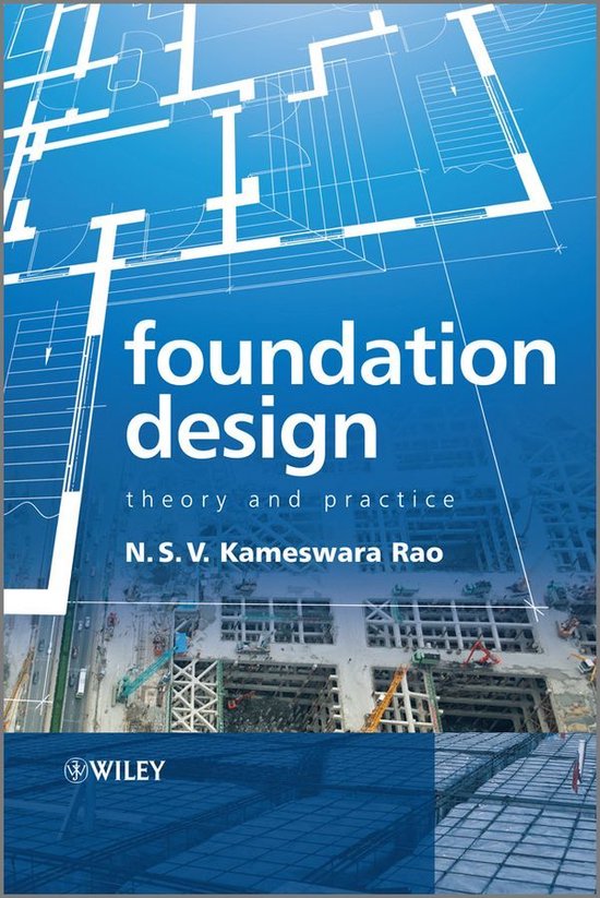 Livre 'Foundation Design' avec un plan d'architecte d'une fondation et un chantier.