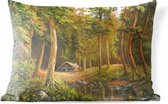 Buitenkussens - Tuin - Een illustratie van een huisje in een bos - 60x40 cm