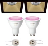 Pragmi Pollon Pro - Inbouw Vierkant - Mat Zwart/Goud - Verdiept - 82mm - Philips Hue - LED Spot Set GU10 - White and Color Ambiance - Bluetooth - BES LED