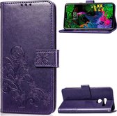 Lucky Clover geperst bloemenpatroon lederen tas voor LG G8 ThinQ, met houder en kaartsleuven & portemonnee en handriem (paars)