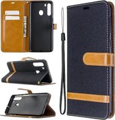 Voor Galaxy A21 Kleuraanpassing Denim Texture Horizontaal Flip Leather Case met houder & kaartsleuven & Wallet & Lanyard (zwart)